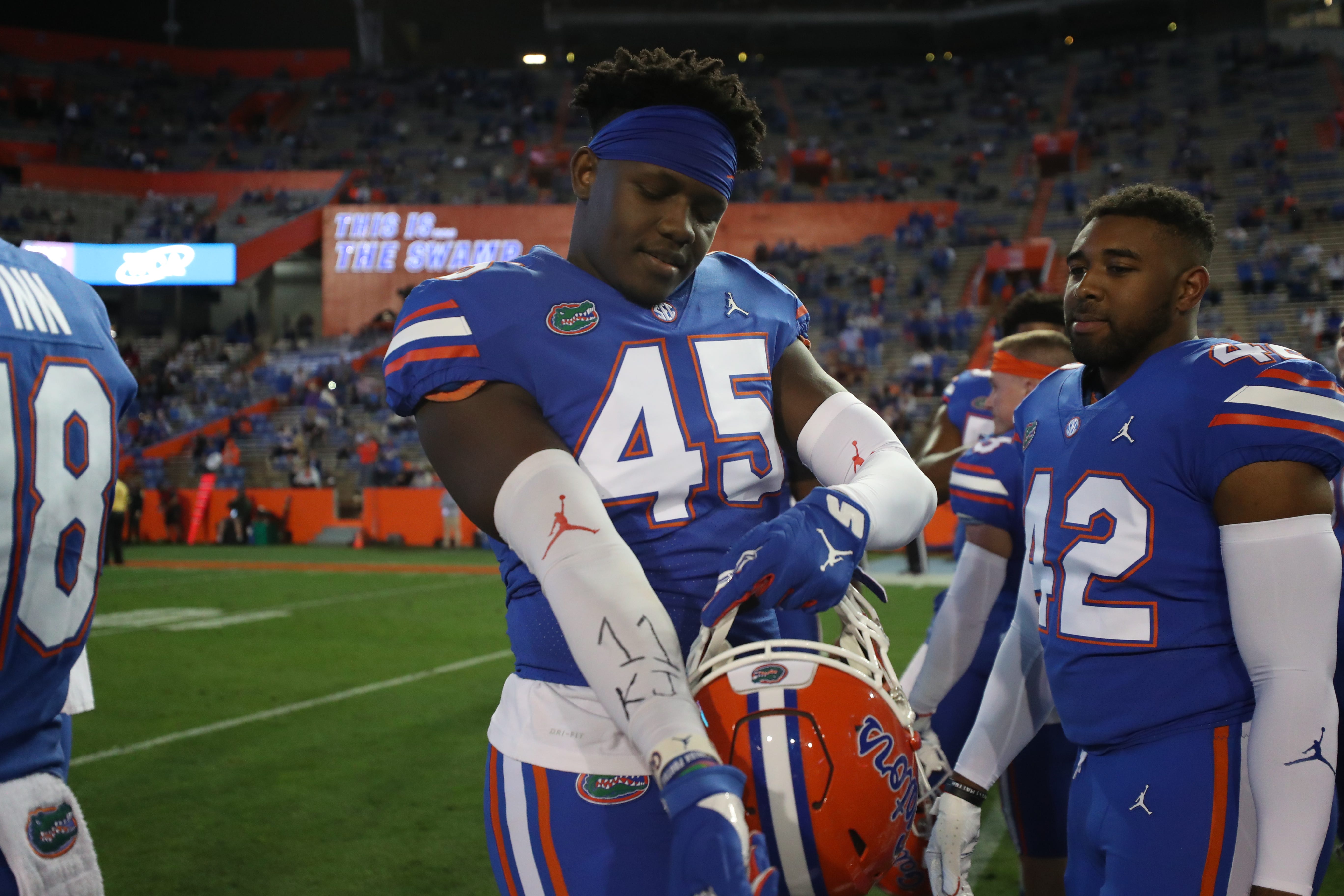 Florida senior tight end Clifford Taylor IV shows a tribute to Gators basketball player Keyontae Johnson during the Gators' game against the LSU Tigers on Saturday, December 12, 2020 at Ben Hill Griffin Stadium in Gainesville, Fla.