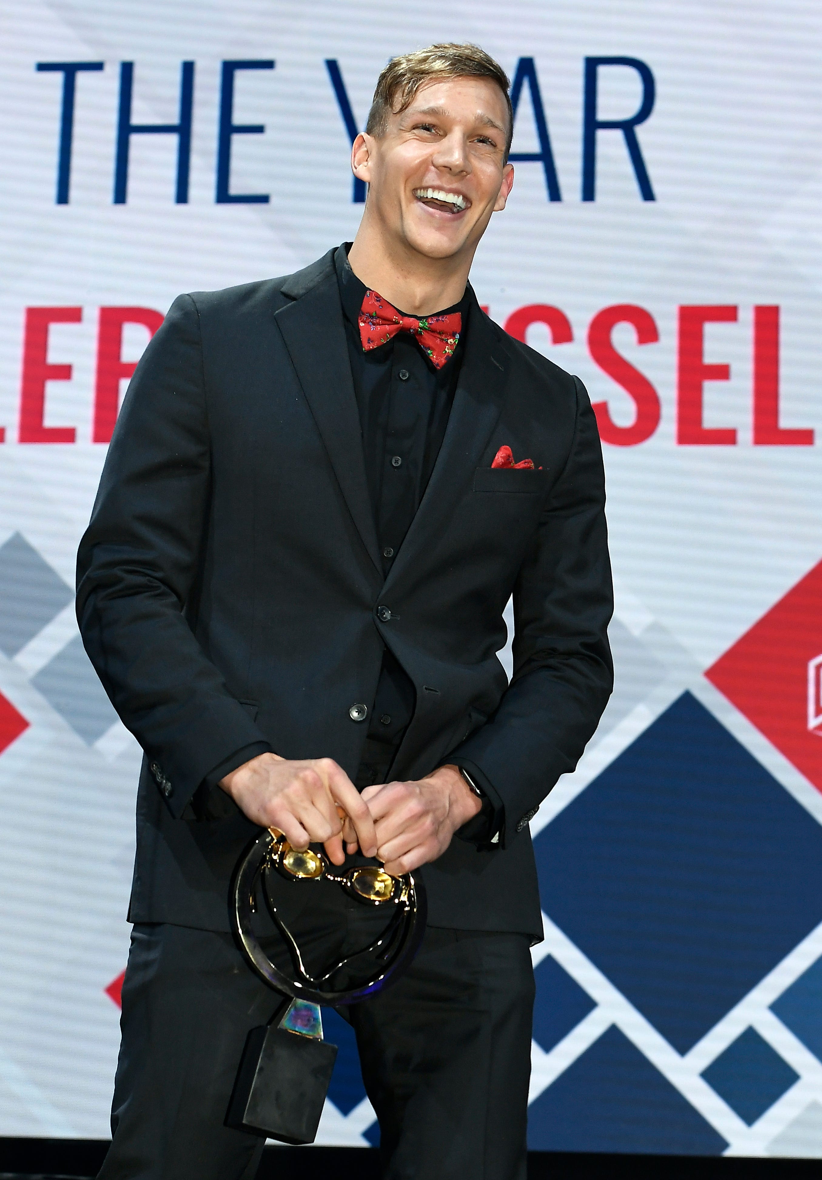 Caeleb Dressel receives the Male Athlete award during Golden Goggle Awards on November 24, 2019 in Los Angeles, California.