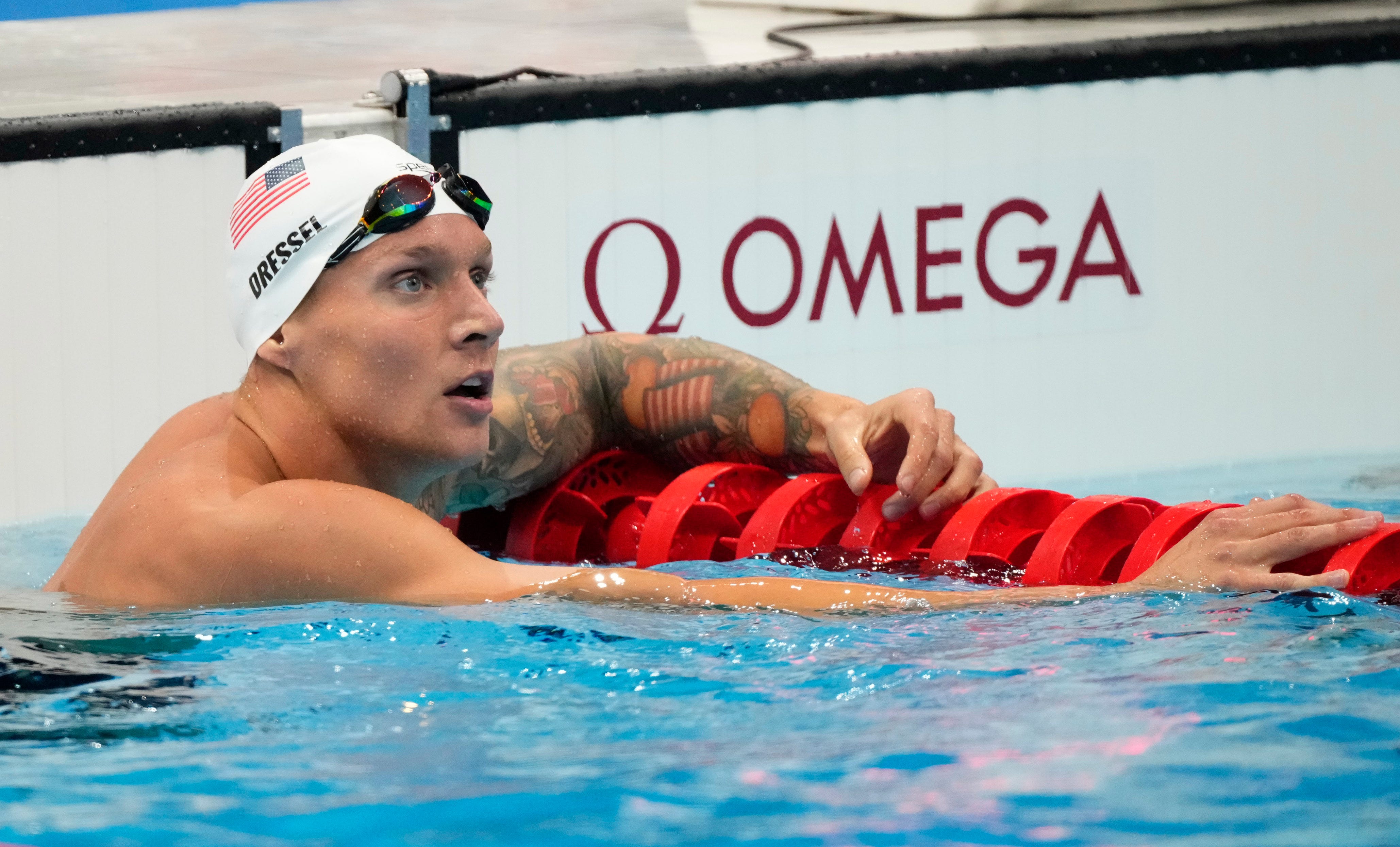 Caeleb Dressel (USA) after the men's 100m freestyle heats during the Tokyo 2020 Olympic Summer Games at Tokyo Aquatics Centre on July 27, 2021.