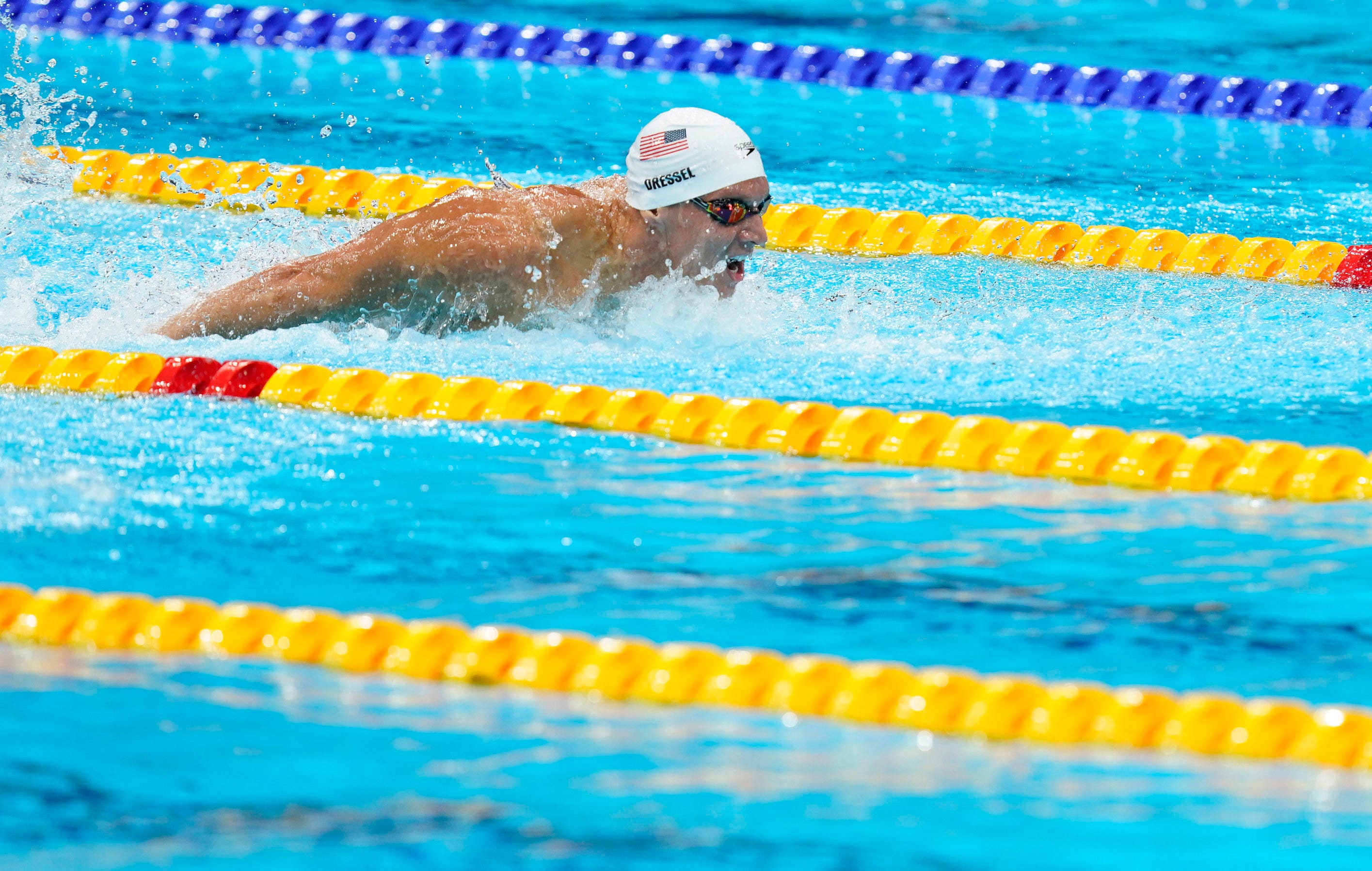 Caeleb Dressel (USA) races the men's 100m butterfly heats during the Tokyo 2020 Olympic Summer Games at Tokyo Aquatics Centre on July 29, 2021. Mandatory Credit: Grace Hollars-USA TODAY Sports