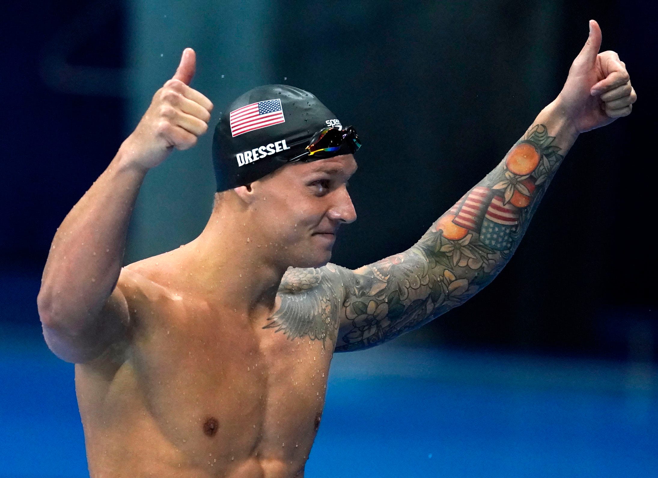 July 31, 2021: Caeleb Dressel (USA) reacts after winning the men's 100m butterfly final during the Tokyo 2020 Olympic Summer Games at Tokyo Aquatics Centre.