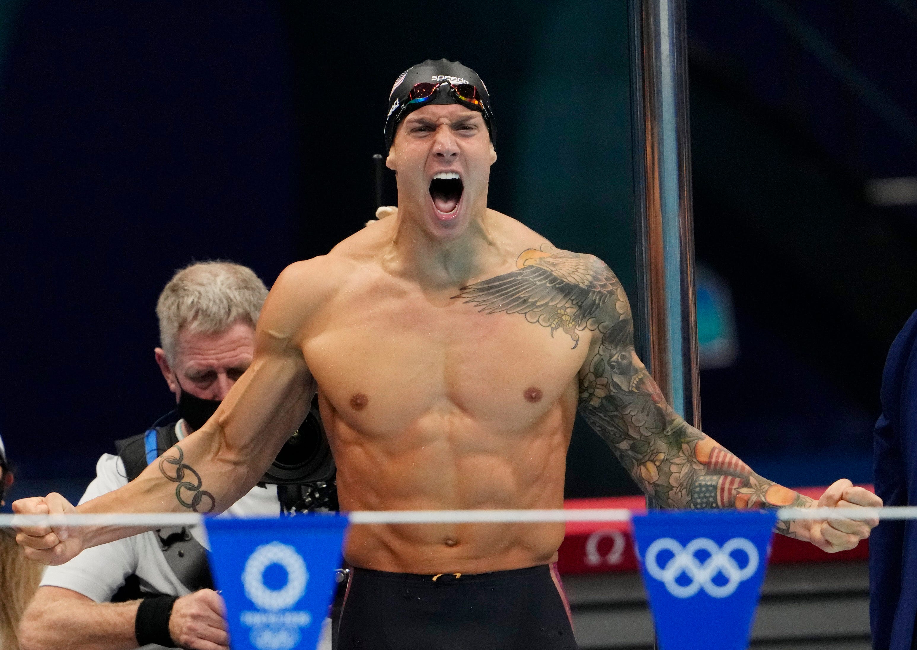 August 1, 2021: Caeleb Dressel (USA) celebrates after winning the men's 4x100m medley final during the Tokyo 2020 Olympic Summer Games at Tokyo Aquatics Centre.