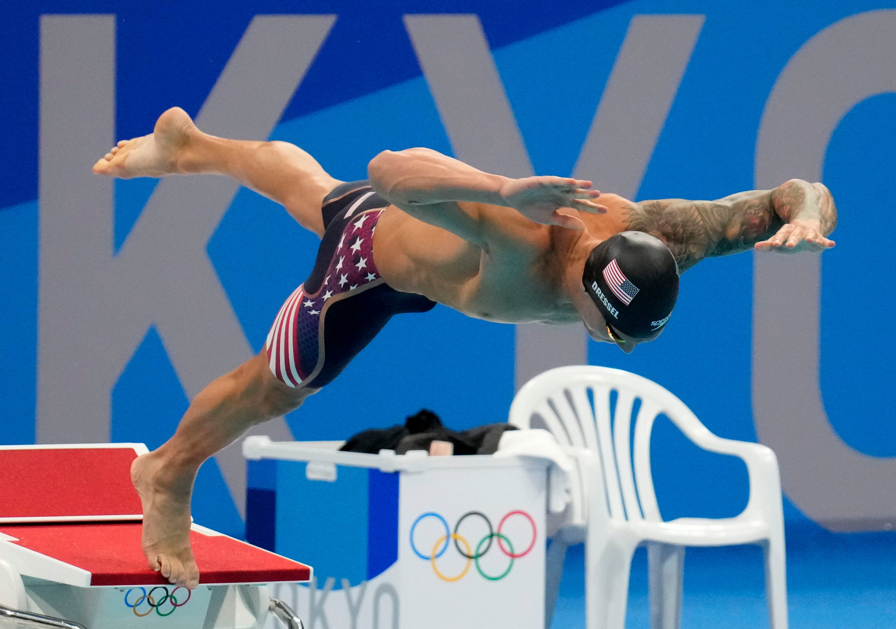 August 1, 2021: Caeleb Dressel (USA) dives into the water at the start of the men's 50m freestyle final during the Tokyo 2020 Olympic Summer Games at Tokyo Aquatics Centre.