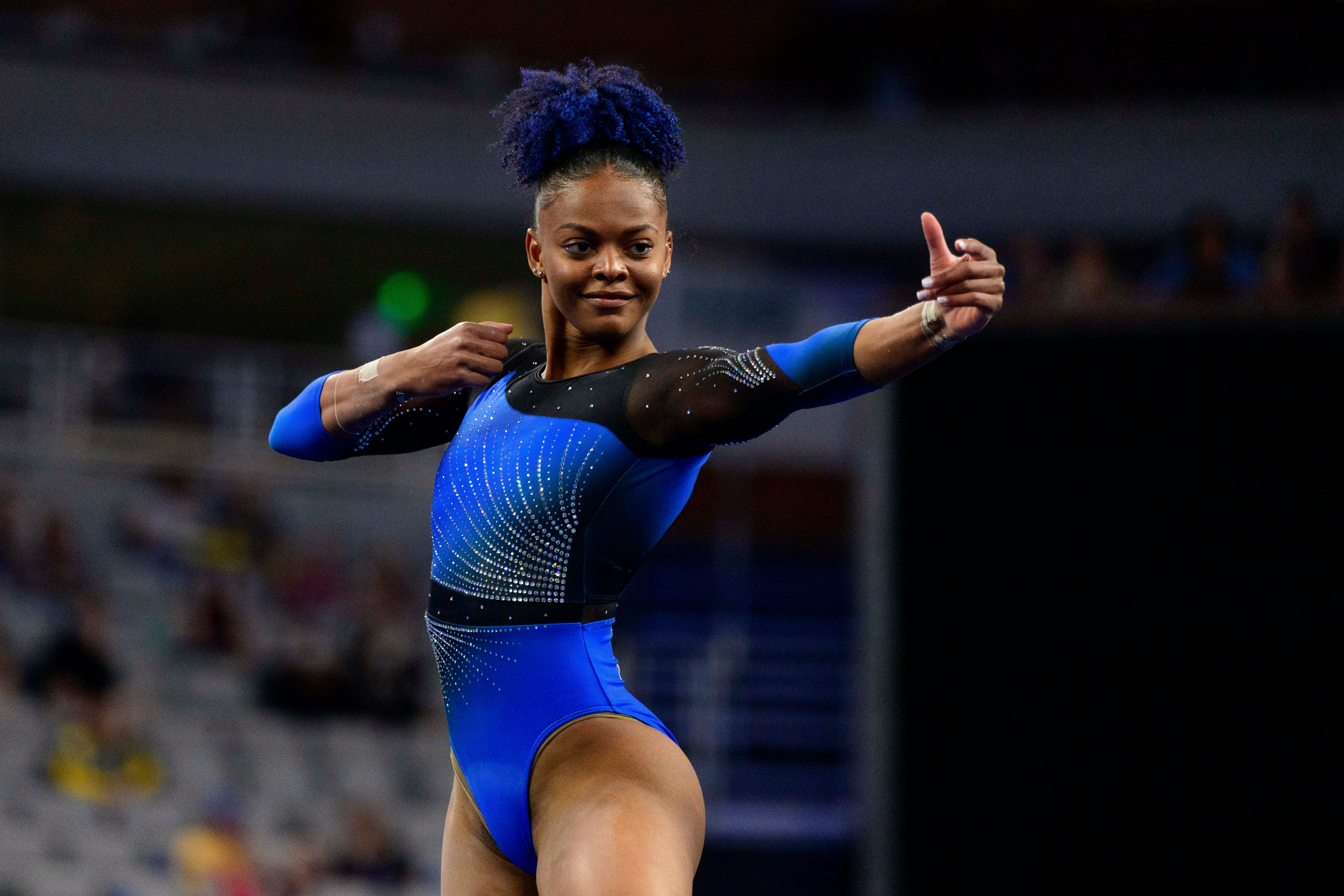 Apr 14, 2022; Fort Worth, TX, USA; University of Florida gymnast Trinity Thomas performs on floor during the session two semi finals at Dickies Arena. Mandatory